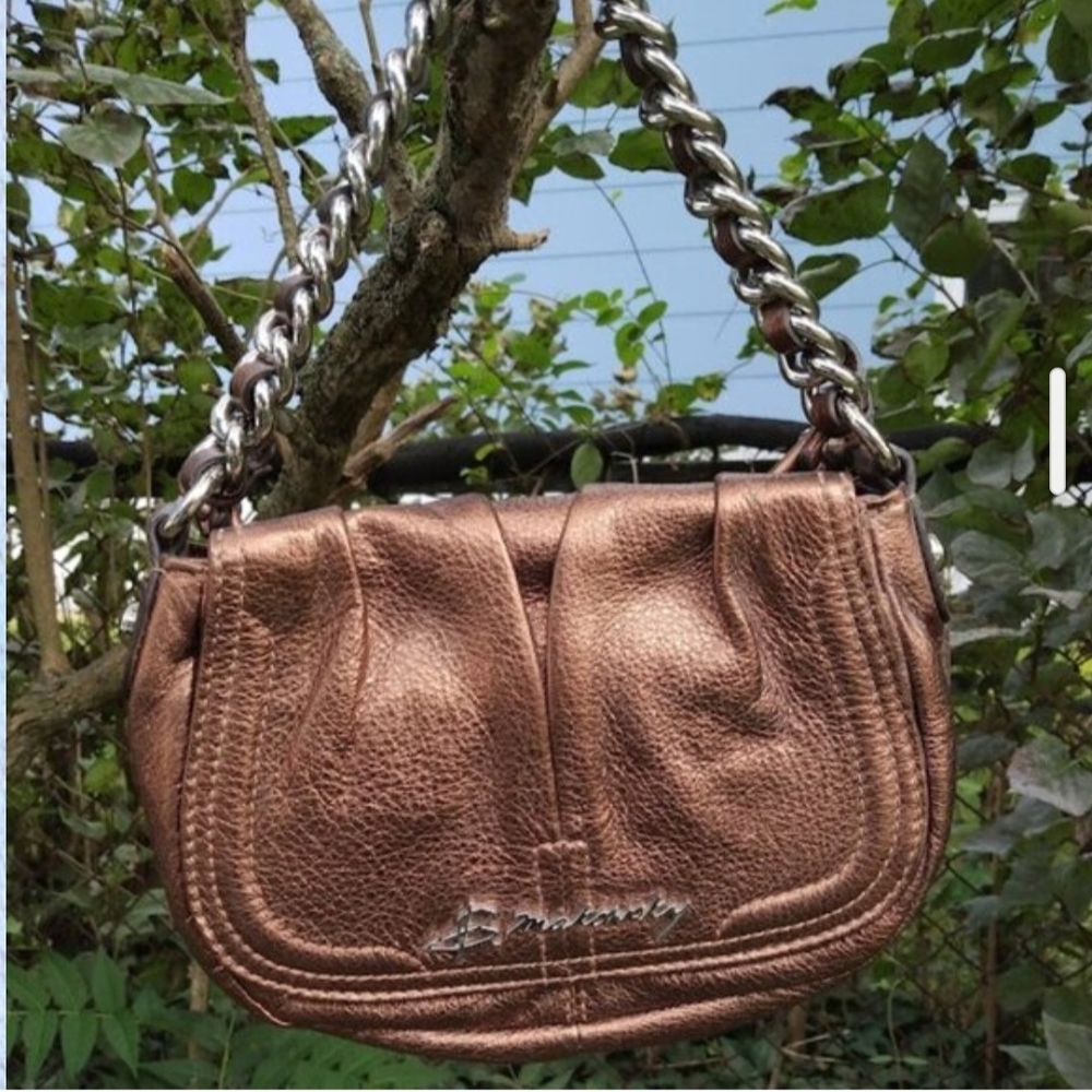 Bronze Leather Shoulder Bag with Chain Strap By BRUCE MAKOWSKY